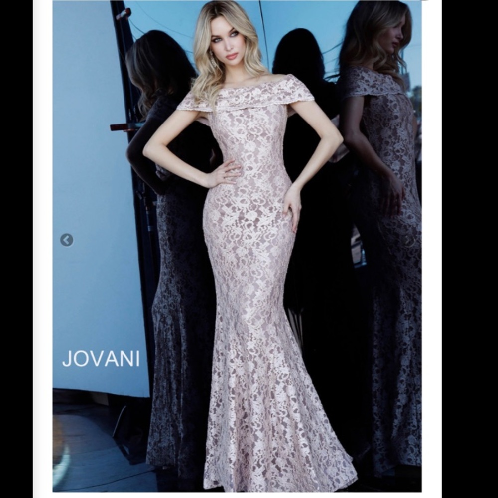 Jovani 1814 Taupe Off the Shoulder Lace Dress
